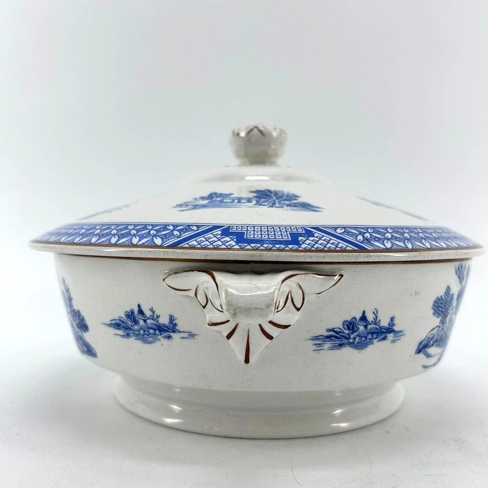 Booths Silicon China Blue Willow Tureen Serving Bowl England Pagoda Pattern